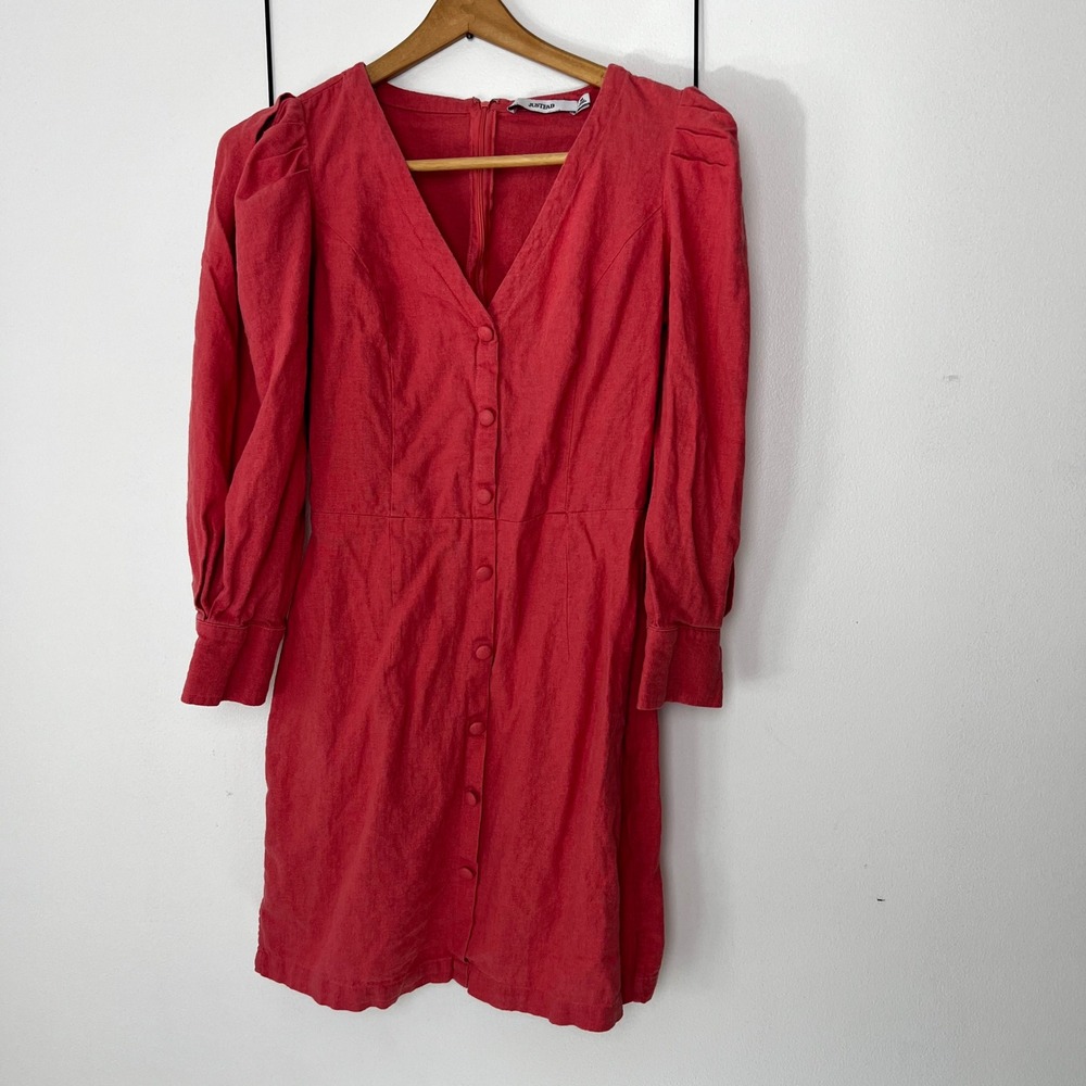 JustFab Women Coral Linen Blend Puff Sleeve Button‎ Front Mini Dress Size M